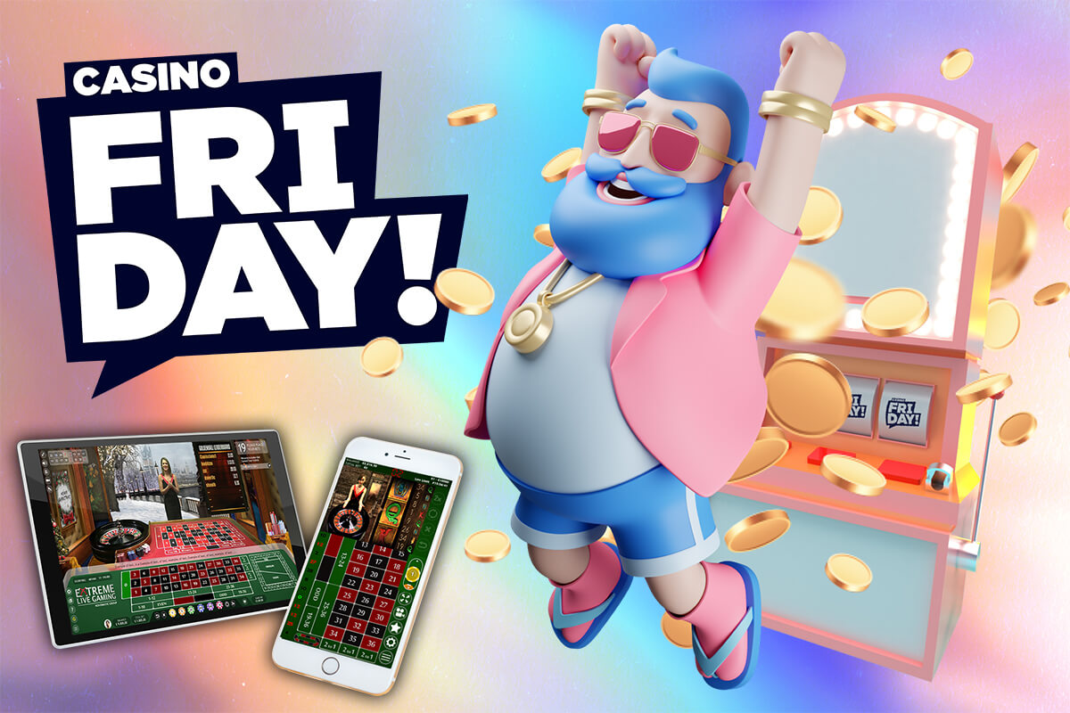 Casino Friday, logó, nyerőgép, 3d karakter, pénzérme eső, laptop, táblagép, rulett